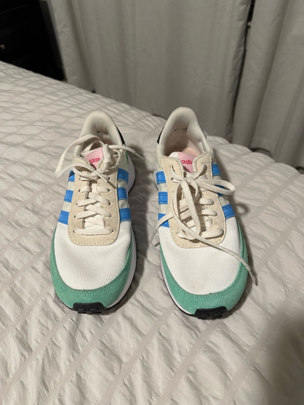 adidas Women's White Sneakers with Blue Stripes and Mint Toe